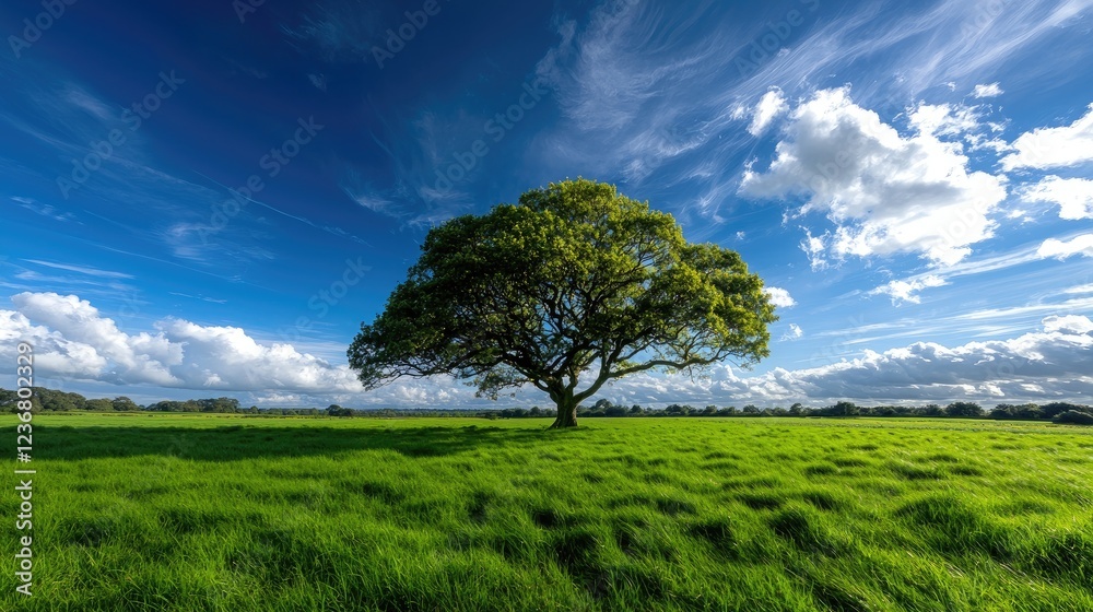 Solitary tree in green field, sunny sky. Peaceful nature scene, ideal for calm backgrounds Solitary tree in green field, sunny sky. Peaceful nature scene, ideal for calm backgrounds