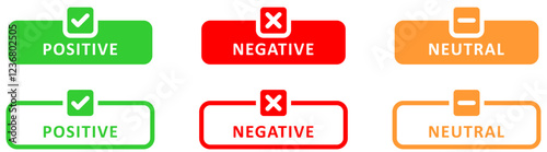 Positive and negative neutral label banner button with check mark icon sign.