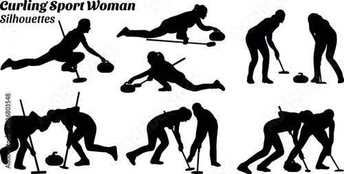 Set of Curling Sport Woman Side Pose Silhouettes