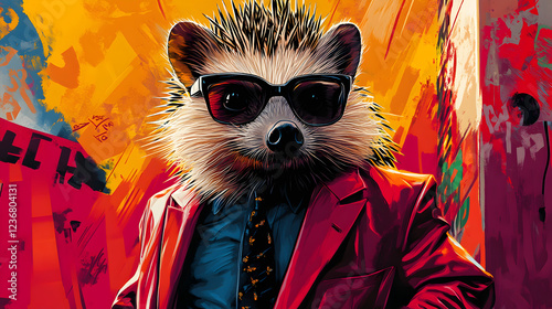 Hedgehog wearing a sharp tailored suit and stylish sunglasses standing confidently with a sleek and modern look exuding elegance and charisma ultra-detailed high-quality studio portrait