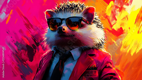 Hedgehog wearing a sharp tailored suit and stylish sunglasses standing confidently with a sleek and modern look exuding elegance and charisma ultra-detailed high-quality studio portrait