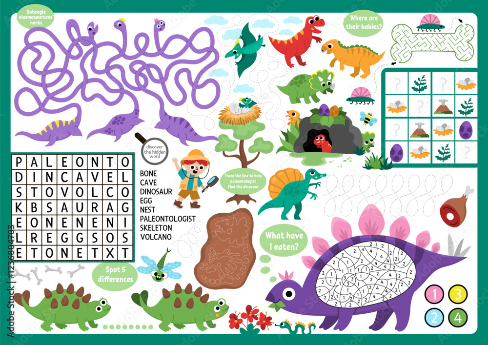 Fototapeta premium Vector dinosaur placemat for children. Prehistoric printable activity mat with maze, word search puzzle, shadow match, find difference. Ancient animals play mat, menu, kids magazine spreadsheet