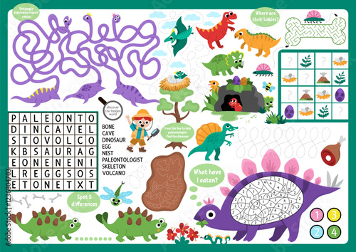 Vector dinosaur placemat for children. Prehistoric printable activity mat with maze, word search puzzle, shadow match, find difference. Ancient animals play mat, menu, kids magazine spreadsheet