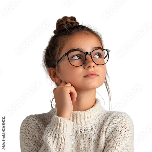 Young girl with glasses looks upward thoughtfully while resting her chin on her hand, isolated on a transparent background for copy space.