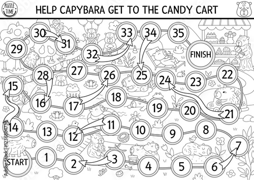 Capybara black and white dice board game with nature background. Capibara boardgame, coloring page.  Tabletop line activity, printable worksheet for kids. Help animal get to candy cart
