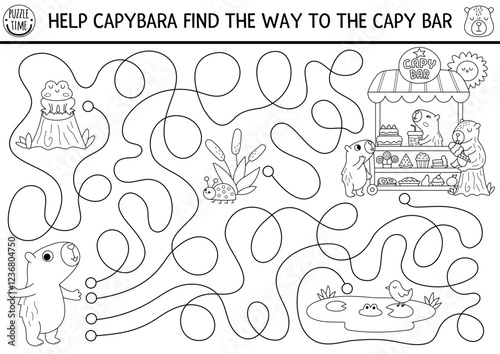 Fun black and white maze for kids with capybara going to dessert cart. Capibara preschool printable activity. Labyrinth game, coloring page, puzzle with cute animals, food trolley