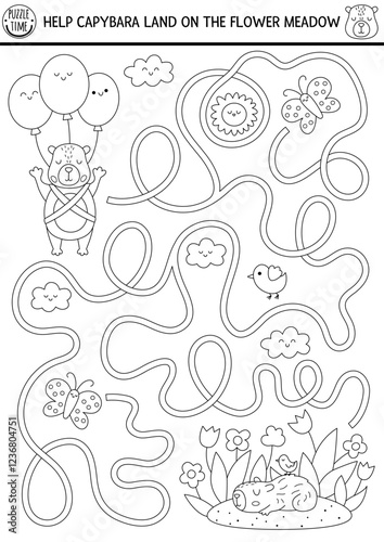 Black and white maze for kids with capybara flying on balloons to flower meadow. Capibara preschool printable activity with cute animal. Labyrinth game, coloring page or puzzle with bird, butterfly