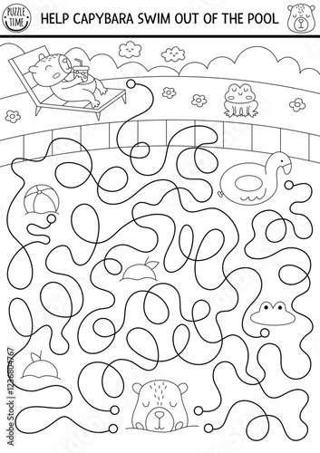 Black and white maze for kids with capybara swimming in pool, relaxing in lounger under umbrella. Capibara preschool printable activity with animal. Labyrinth game, coloring page or puzzle