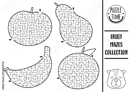 Fruit black and white geometrical maze set for kids. Preschool printable activity shaped as apple, pear, tangerine, banana. Capybara food labyrinth game, coloring page or puzzle collection