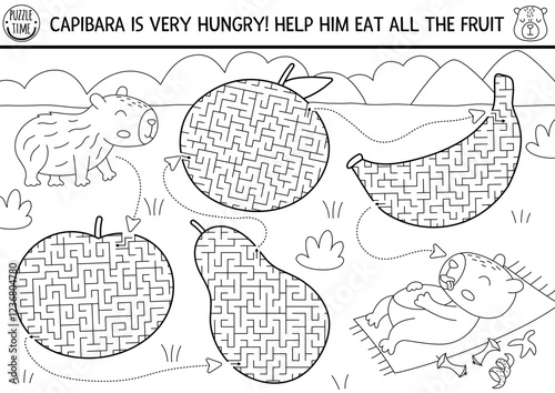 Capybara black and white maze for kids geometrical fruits. Hungry capibara preschool printable activity with nature landscape. Labyrinth game, coloring page, puzzle with cute animal eating tangerine