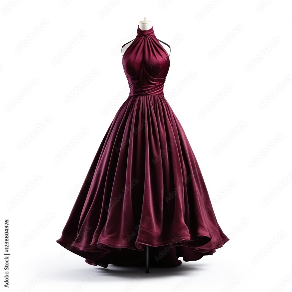 Luxurious dark cherry red velvet dress with a unique cowl neck and asymmetrical hem, presented on a mannequin against a clean white backdrop, showcasing its elegant design and rich texture Luxurious dark cherry red velvet dress with a unique cowl neck and asymmetrical hem, presented on a mannequin against a clean white backdrop, showcasing its elegant design and rich texture