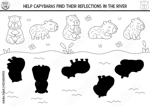 Capybara black and white shadow matching activity with animals looking for reflections in water. Capibara shape recognition puzzle, coloring page. Find correct silhouette worksheet, game