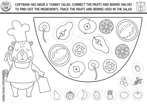 Find pair of fruit halves in capybara salad. Capibara black and white matching activity for children. Educational quiz worksheet for kids. Printable game, coloring page with cute animal chef