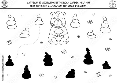 Capybara black and white shadow matching activity with stone pyramids. Capibara shape recognition puzzle, coloring page with meditating animal. Find correct silhouette printable worksheet, game