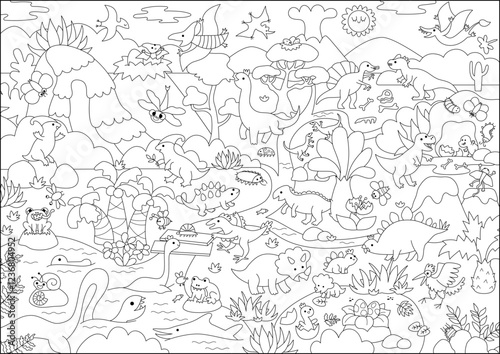 Vector black and white dinosaur landscape illustration. Prehistoric scenery with mountains, forest, ancient animals. Funny detailed scene, coloring page with T-Rex. Dino land picture for kids