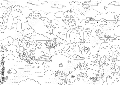 Vector black and white empty dinosaur landscape illustration. Cute prehistoric scenery with mountains, forest, ancient plant. Jurassic period scene with palm tree, volcano. Dino coloring page for kids