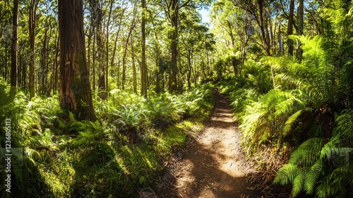 A narrow dirt trail winding through a dense jungle, surrounded by tall trees and lush green foliage.