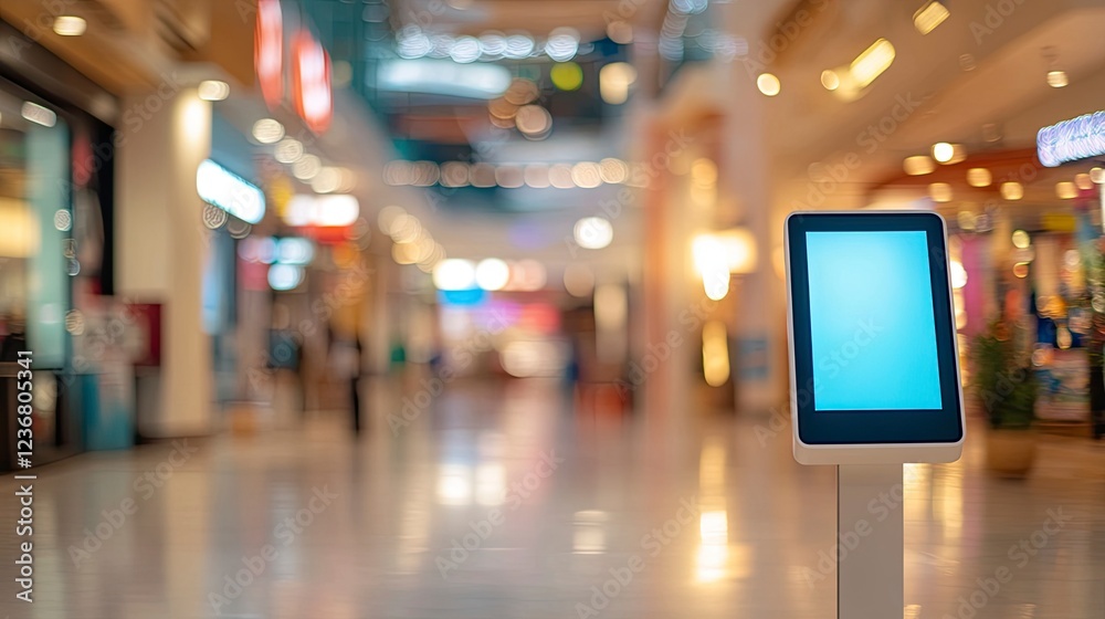 Fototapeta premium Blank white mockup of an advertising digital kiosk screen in a shopping mall with a blurred background for display or promotion concept. Real photo, copy space banner, soft focus,