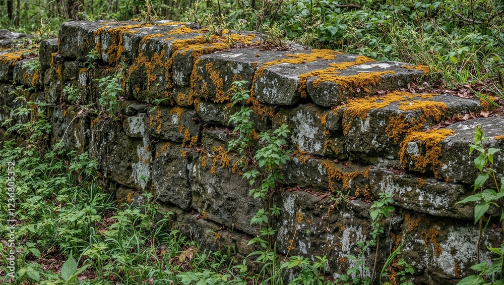 Overgrown stone wall in dense forest with ferns and lichens Overgrown stone wall in dense forest with ferns and lichens