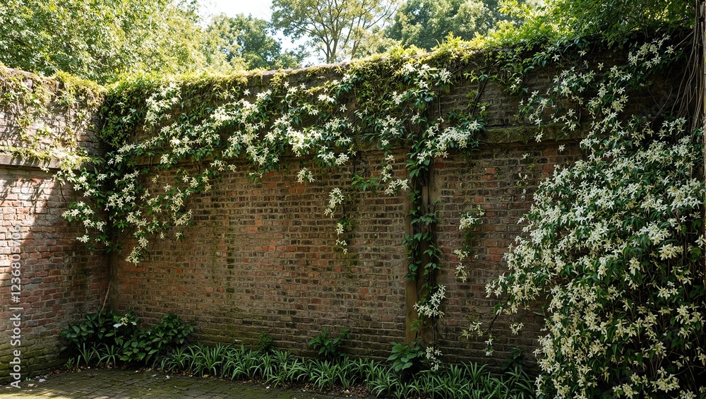Moss covered brick wall with blooming jasmine vines in shaded courtyard Moss covered brick wall with blooming jasmine vines in shaded courtyard
