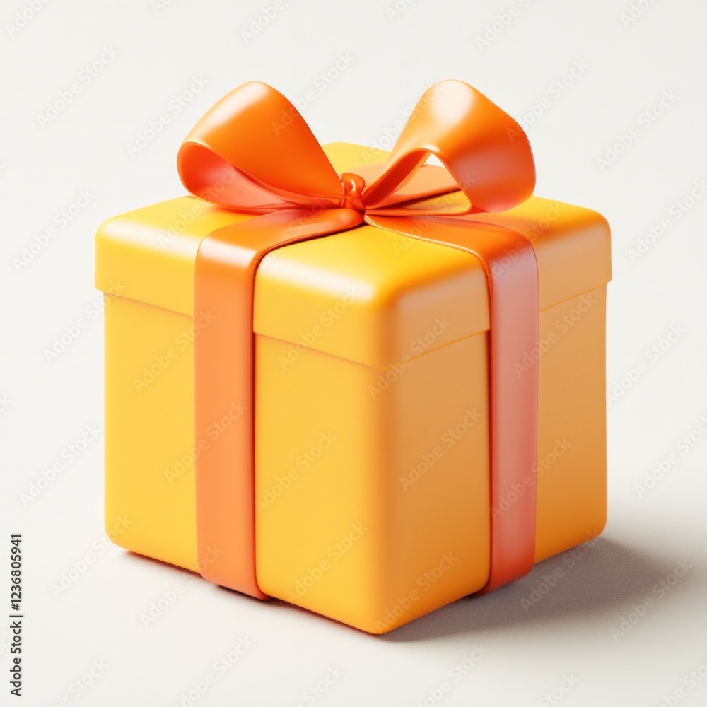 Bright yellow gift box with shiny orange ribbon and bow on minimalist background Bright yellow gift box with shiny orange ribbon and bow on minimalist background
