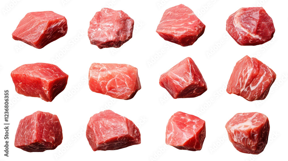 Fresh red meat chunks arranged in grid, ideal for cooking Fresh red meat chunks arranged in grid, ideal for cooking