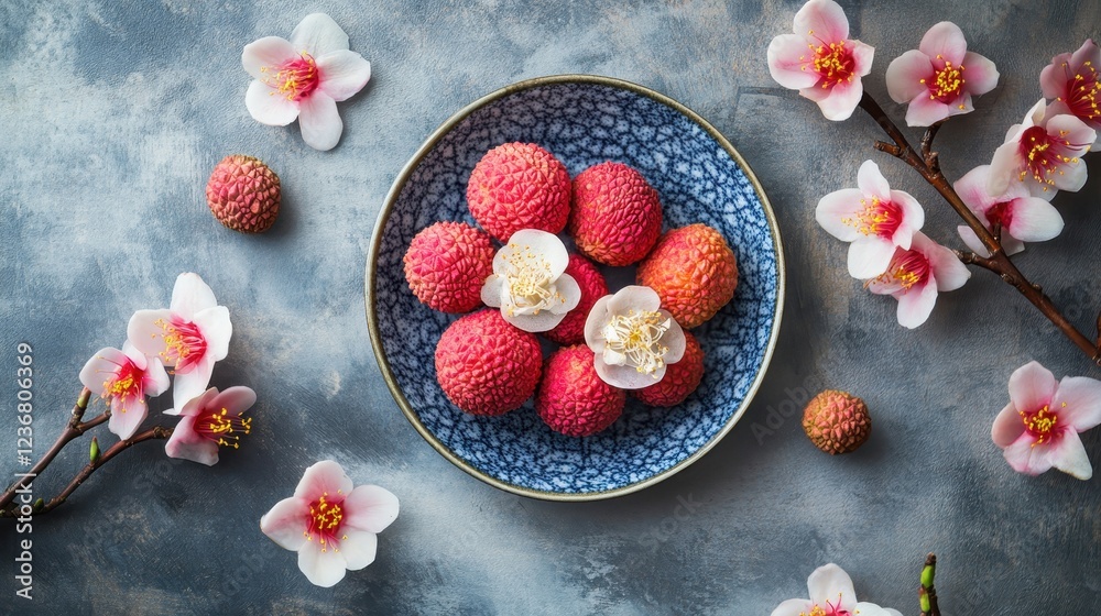 Fresh Lychee Fruits Surrounded by Blossoms Fresh Lychee Fruits Surrounded by Blossoms