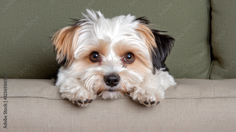 Cute puppy peering over sofa, home interior Cute puppy peering over sofa, home interior
