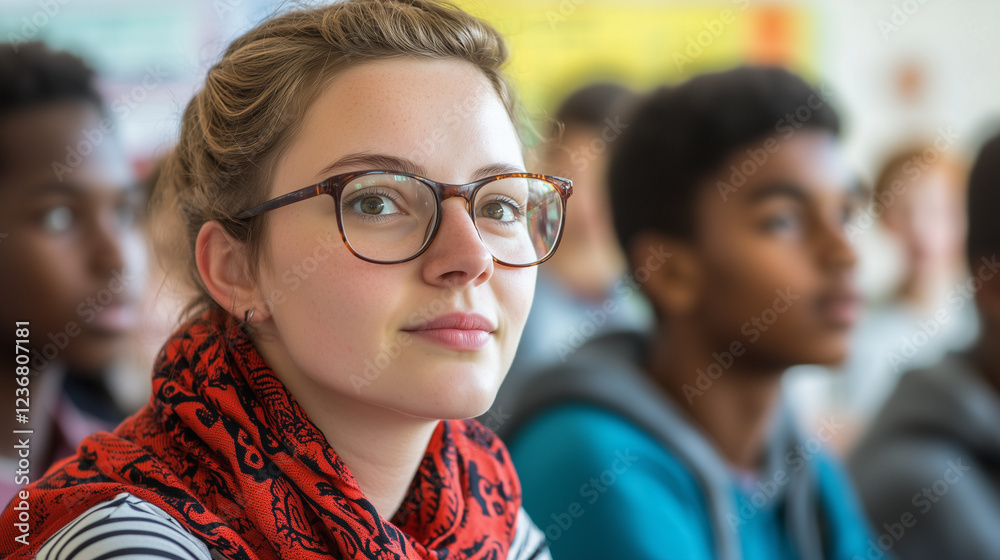 Portrait of a young female teacher wearing eyeglasses and red scarf listening to students in classroom