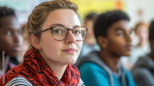 Obraz na płótnie Portrait of a young female teacher wearing eyeglasses and red scarf listening to students in classroom w salonie