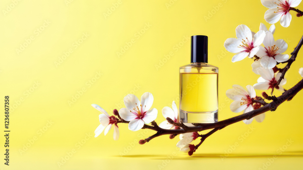 Product photography, perfume bottle standing on a branch of white cherry blossoms, thicker branches, artistic, light yellow gradient background,clean and simple, contrasting color design Product photography, perfume bottle standing on a branch of white cherry blossoms, thicker branches, artistic, light yellow gradient background,clean and simple, contrasting color design