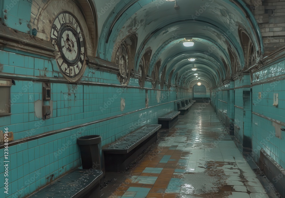 Fototapeta premium A long, dimly lit hallway with teal tiled walls and a wet floor. Benches line the sides, and old clocks are mounted on the walls. The overall