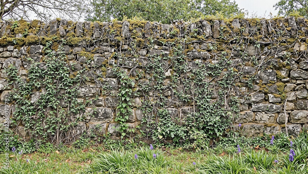 Mystical stone wall covered in vines moss and purple flowers Mystical stone wall covered in vines moss and purple flowers