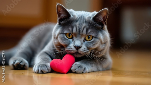 Greeting card with a cute British Shorthair cat hugging a red heart with her paws. Valentine's Day concept.