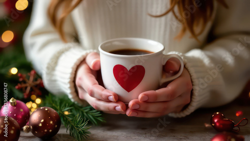 Female hands in a white sweater holding a coffee cup with a heart painted on it, festive lights, soft pink colors, brown and gold color palette, iridescent bokeh accents, burgundy and white, sparkling