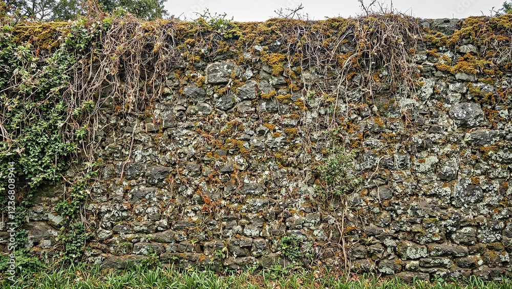 Majestic castle wall adorned with moss lichen and honeysuckle creating a weathered look Majestic castle wall adorned with moss lichen and honeysuckle creating a weathered look