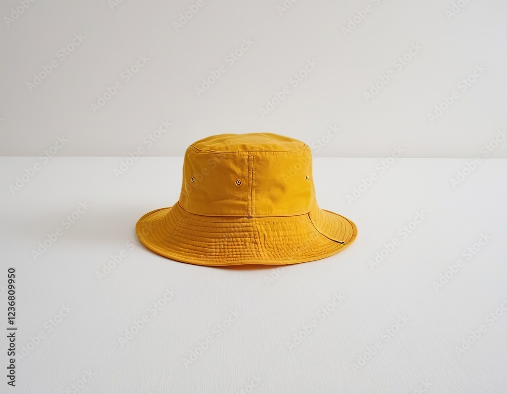A bright yellow bucket hat sitting on a clean white surface. A bright yellow bucket hat sitting on a clean white surface.