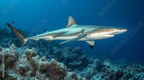 Wallpaper Mural Grey reef shark gliding gracefully over a vibrant coral reef, surrounded by the deep blue ocean, showcases the beauty of marine life Torontodigital.ca