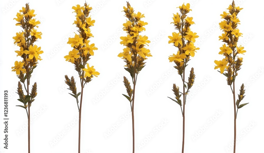 Five yellow wildflowers with brown stems against a white background. The flowers are delicate and slightly varied in height and bloom. Studio shot Five yellow wildflowers with brown stems against a white background. The flowers are delicate and slightly varied in height and bloom. Studio shot