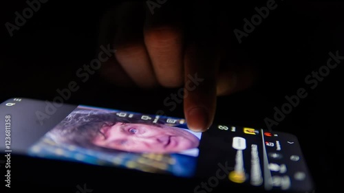 Finger scrolling through social media feed on smartphone at night