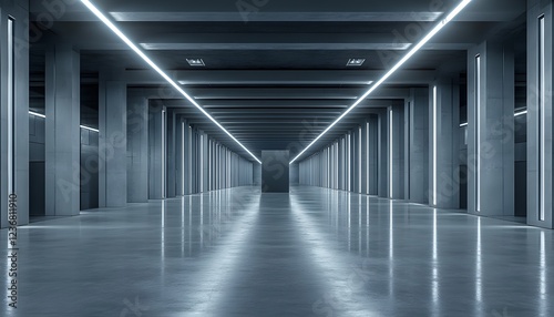 Modern futuristic hallway with sleek concrete design and bright linear lighting