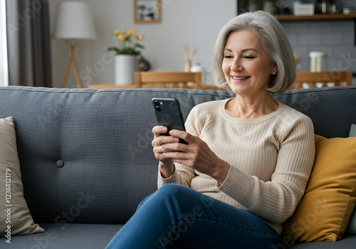 Happy middle aged older woman using smartphone sitting on couch at home. Smiling mature lady holding cellphone browsing internet, texting messages, doing online shopping on mobile cell phone on sofa.
