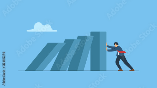 Businessman help stop or protect collapsing dominos symbolizes business crisis management, risk protection, insurance or help and support company avoiding dominos effect in economic crisis. 