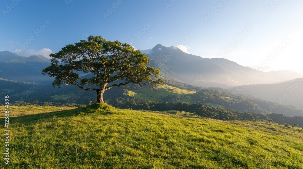 Fototapeta premium Lone tree on hilltop, sunrise over mountains. Peaceful landscape for nature or travel promotion