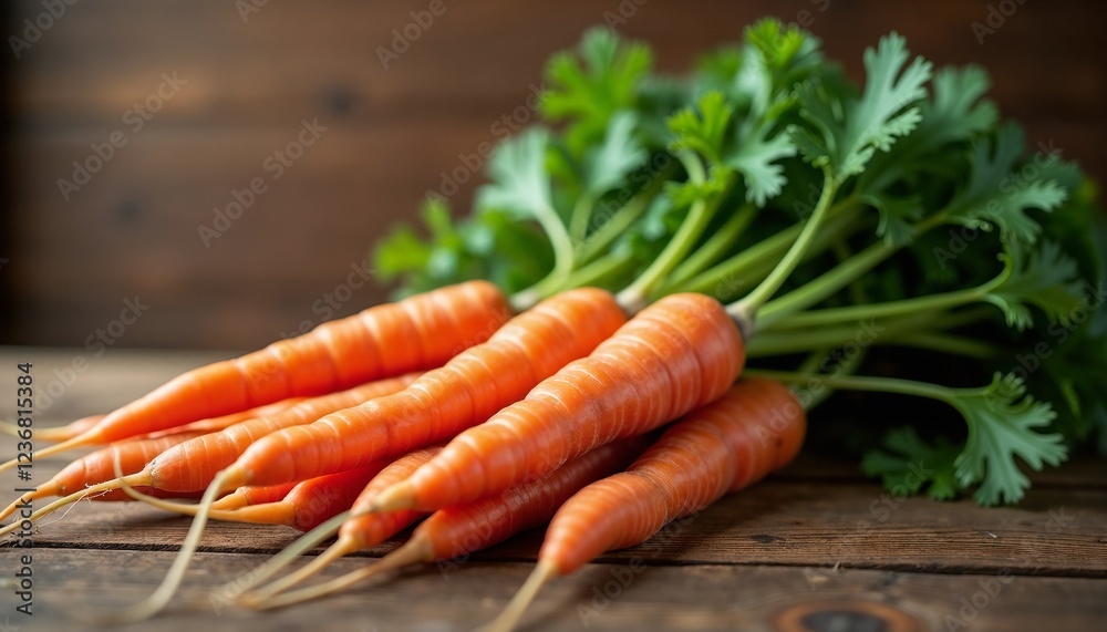 Fresh carrots with green tops on a wooden table for gardening concept with copy space