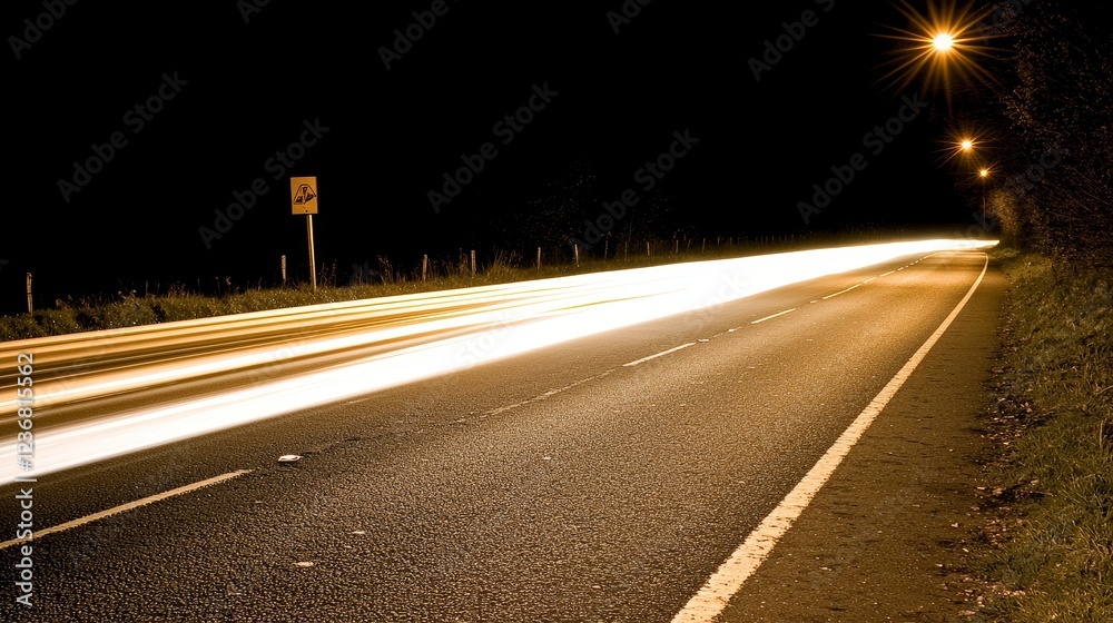 Obraz premium Dynamic Light Trails Symbolizing Speed on a Dark Rural Road at Night