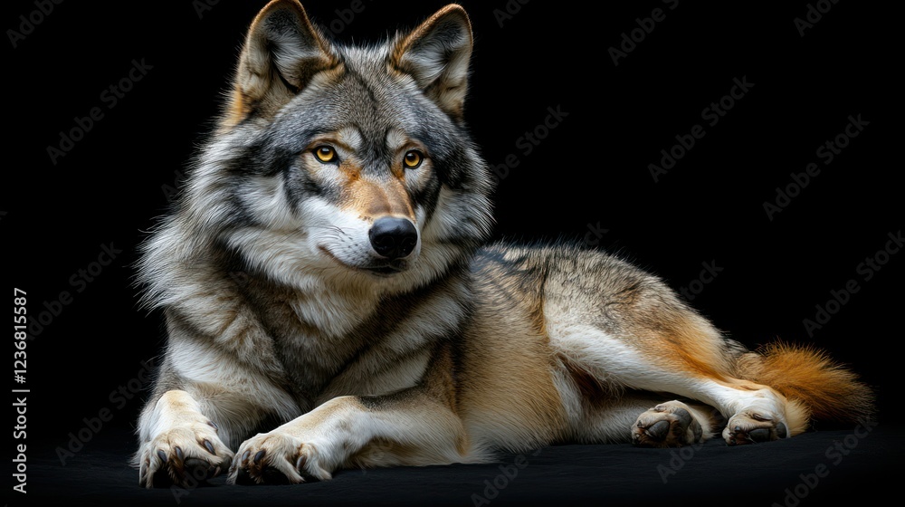 Obraz premium Gray wolf lying on black background