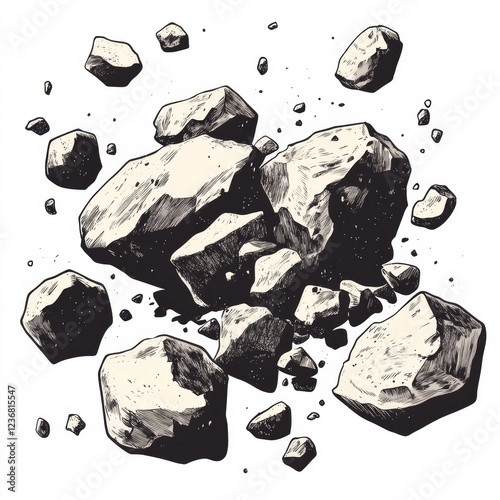Exploding rocks, white background, illustration, game asset