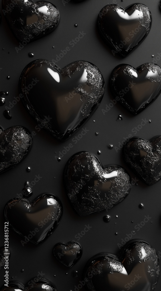 Obraz premium 3D black hearts on a black background, mobile phone wallpaper, love theme.Minimal creative Valentine's holiday concept.Copy space,flat lay 