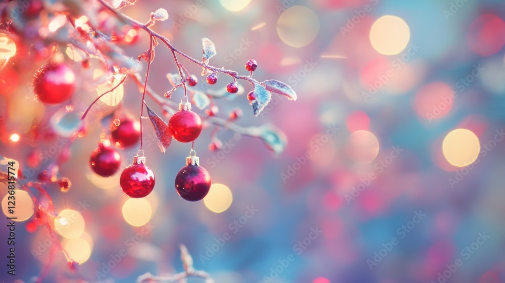 festive winter wonderland red ornaments on a frosty branch festive winter wonderland red ornaments on a frosty branch